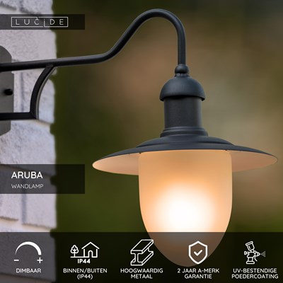 Lucide ARUBA - Wandlamp Binnen/Buiten - Ø 25 cm - 1xE27 - IP44 - Zwart